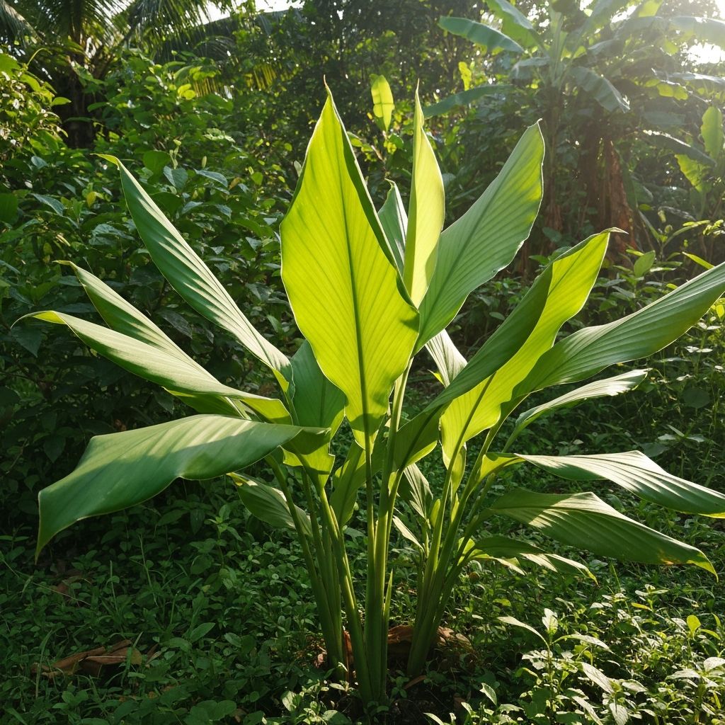 Curcuma longa plant with green leaves in tropical setting